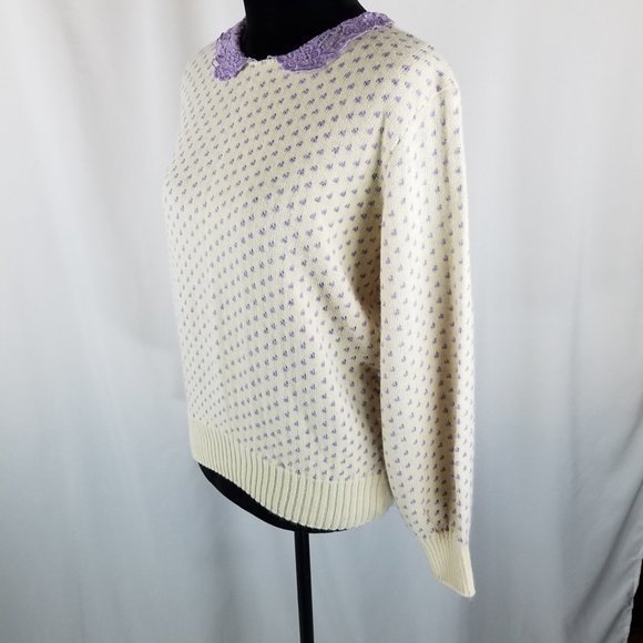 Sugar Tops sweater cream/purple knit cottage corps/coastal‎ grandma M/L VTG - Picture 3 of 7